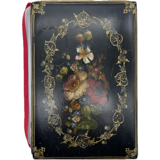 [Victorian black lacquered blotter with mother-of-pearl and painted floral design]