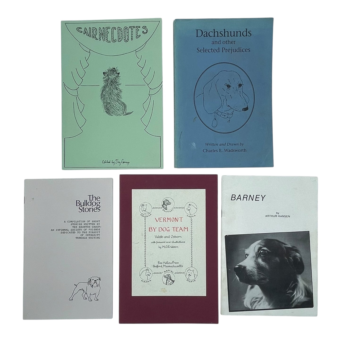[Five books containing memoirs and stories about sleddogs, collies, bulldogs, dachshunds, and Cairn terriers]